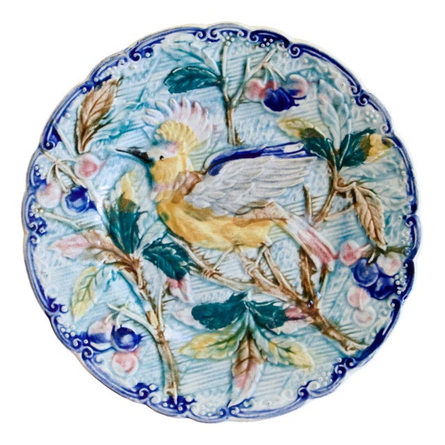 Antique Bird Plate in Wasmüel Majolica, 1880 For Sale