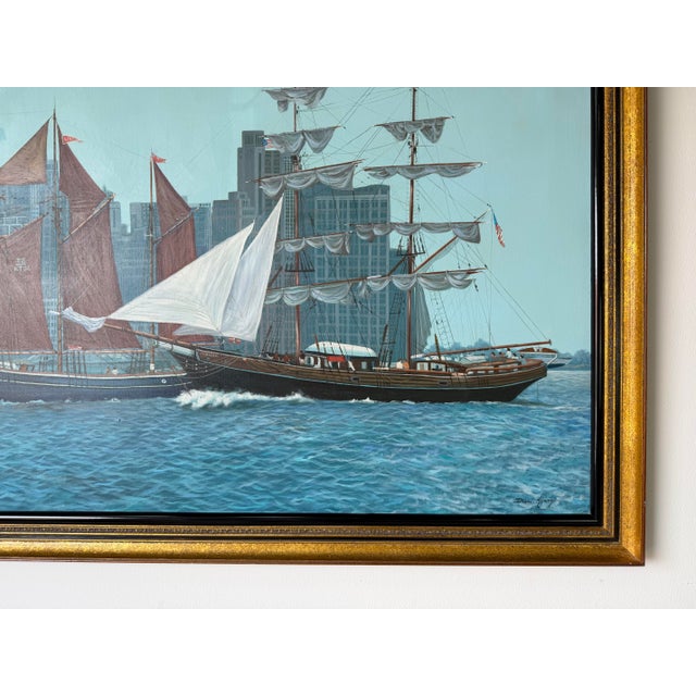 Large- 1980’s Diane Kenny Maritime City Skyline Painting, Framed For Sale - Image 9 of 12