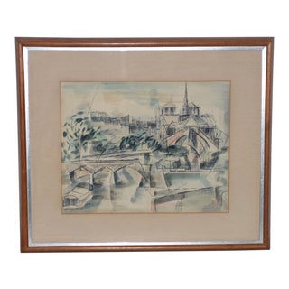 Riva Helfond (American, 20thc.) Notre-Dame De Paris Cathedral Watercolor C.1954 For Sale