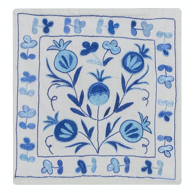 Uzbek Suzani Hand Embroidery Silk Cushion Cover in Cream and Blue Color. 17"x19" For Sale