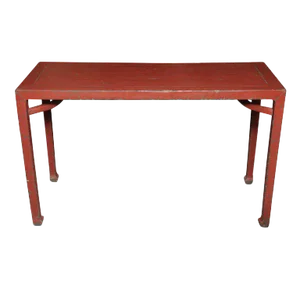 Antique Linen Covered Red Lacquered Elmwood Console Table, 19th Century China