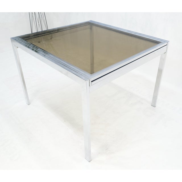 Flip Top 40" Square Crome Base Smoked Glass Top Dining Table 84" Extended Clean! For Sale - Image 15 of 18