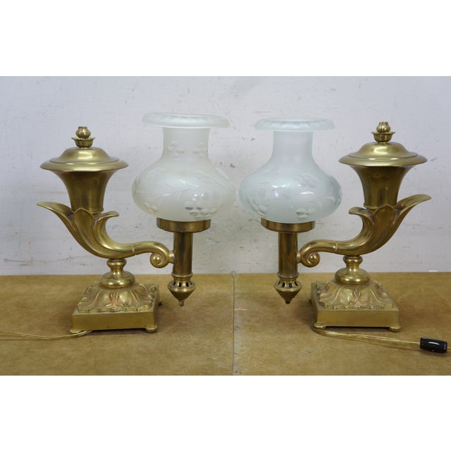 Metal Antique Brass Regency Argand 2 Light Candlestick Candelabra Hurricane Lamps - a Pair For Sale - Image 7 of 18