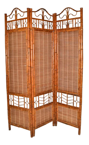 1 Mid-Century Modern Boho Chic Tall Solid Bamboo Wood Room Divider Screen Partition