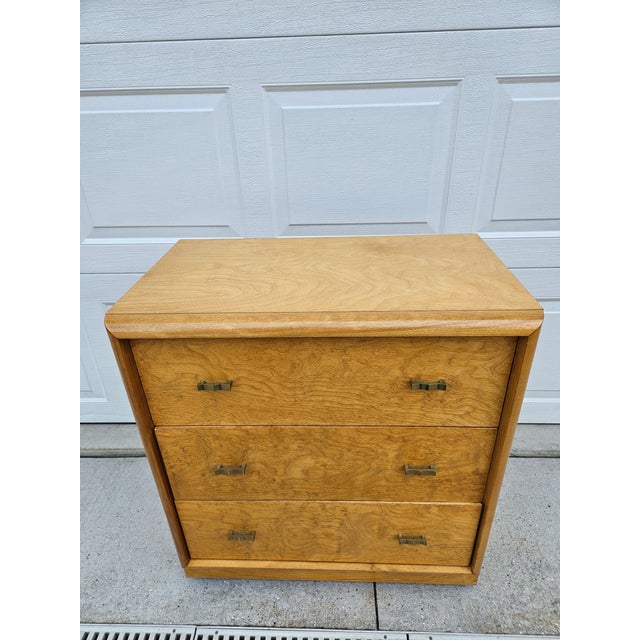 Mid-Century Modern Burlwood Three Drawer Chest of Drawers Dresser For Sale - Image 3 of 15