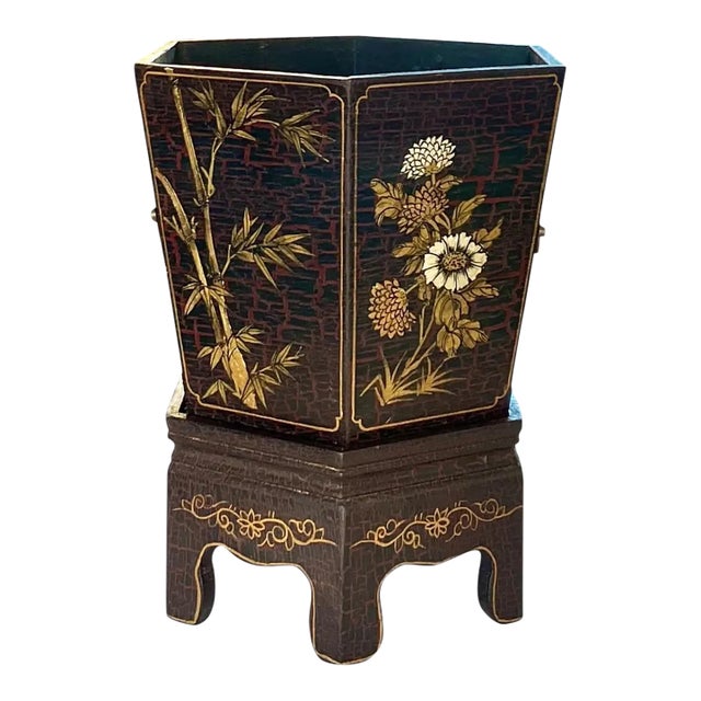 Vintage Ebonized Chinoiserie Jardiniere/Planter and Base For Sale