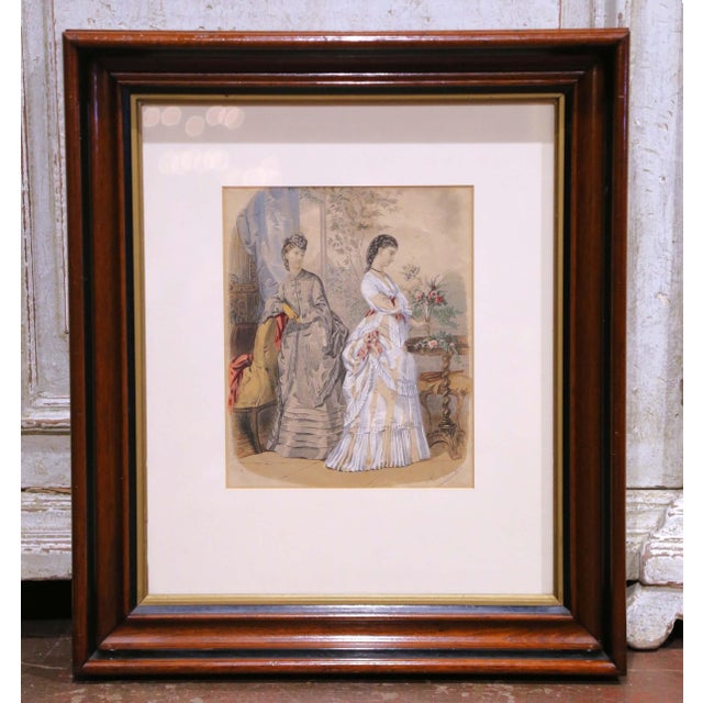 Pair 19th Century French Fashion Engravings in Walnut Frames For Sale - Image 4 of 17