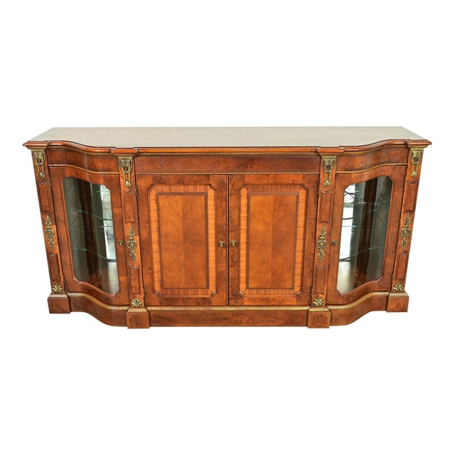 Henredon Grand Provenance Italian Neoclassical Walnut and Burl Wood Lighted Sideboard or Bar Cabinet For Sale