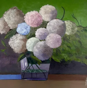 “Cotton Balls" Contemporary Impressionist Floral Still Life of Hydrangea Blossoms by Mill Valley Artist Mary Anne McKernie