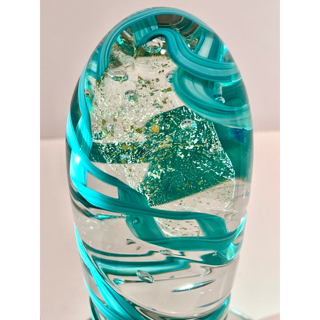 1990s Signed Stephen Rich Nelson Studio Art Glass Sculpture 1990 Turquoise Ribbon Aventurine Bubble Glass Paperweight 10.5” For Sale - Image 5 of 10