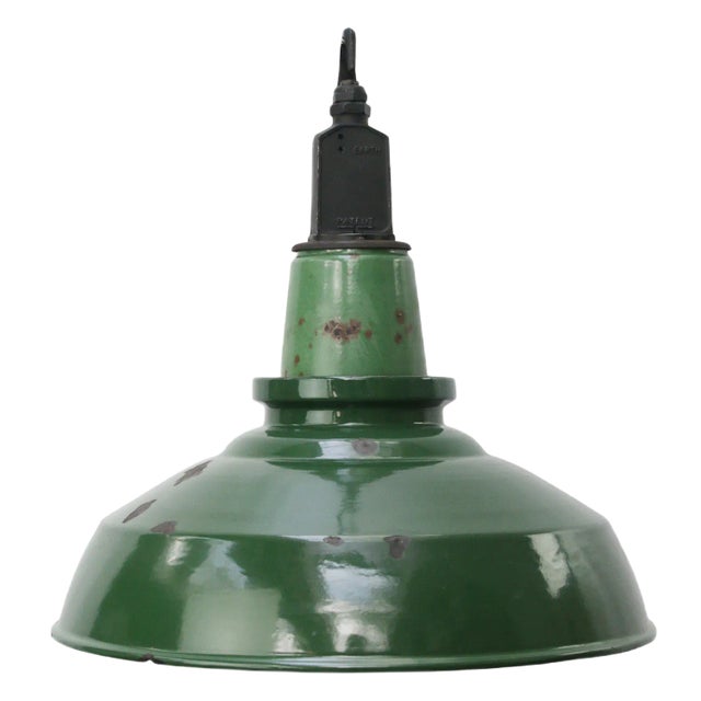 Vintage British Industrial Green Enamel Pendant Light For Sale