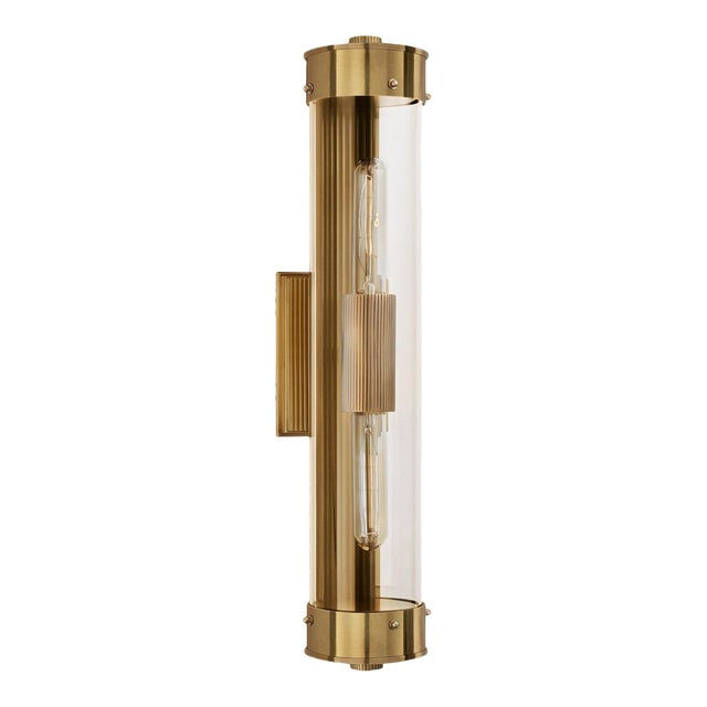 Thomas O'Brien for Visual Comfort Signature Marais Linear Bath Sconce in Hand-Rubbed Antique Brass with Clear Glass For Sale