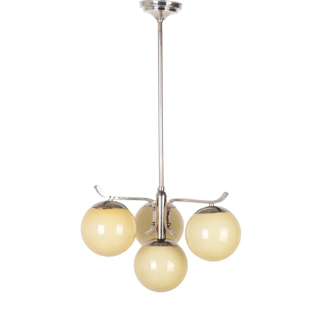 Art Deco Bauhaus Nickel Plated Chandelier with Opaline Glass, 1930s For Sale