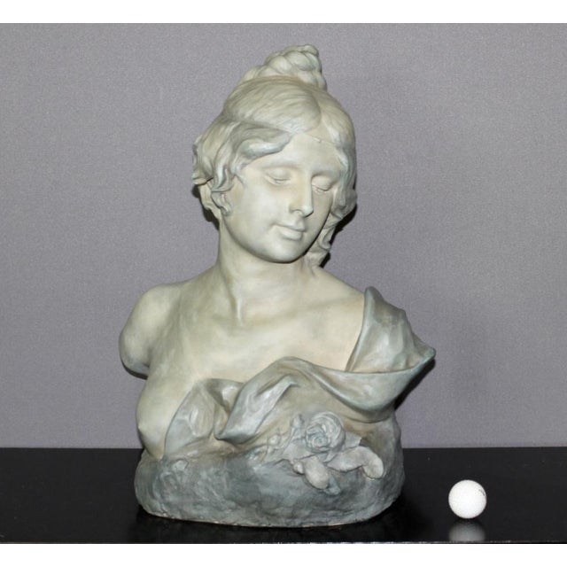 Bust of Young Woman in Ceramic with Blue-Green Patina by Léopold Bernard Bernstamm for Emile Muller, 1890s For Sale - Image 13 of 15
