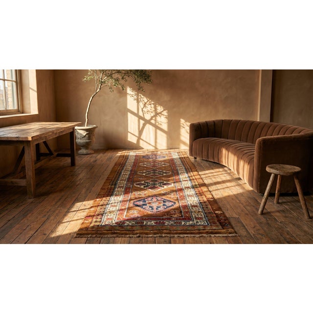 Burnt Umber 1890s Brown Diamond Medallion Antique Persian Serab Rug 3'6" X 12'8" Handknotted Wool Carpet For Sale - Image 8 of 8