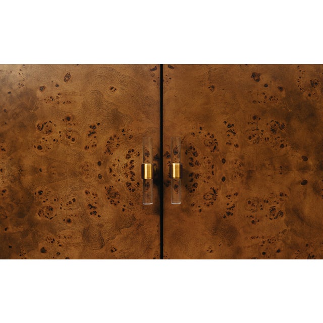 Brown Matthew Izzo Home Ariel Dark Burlwood Four Door Buffet With Acrylic and Antique Brass Door Pulls and Antique Brass Base For Sale - Image 8 of 9