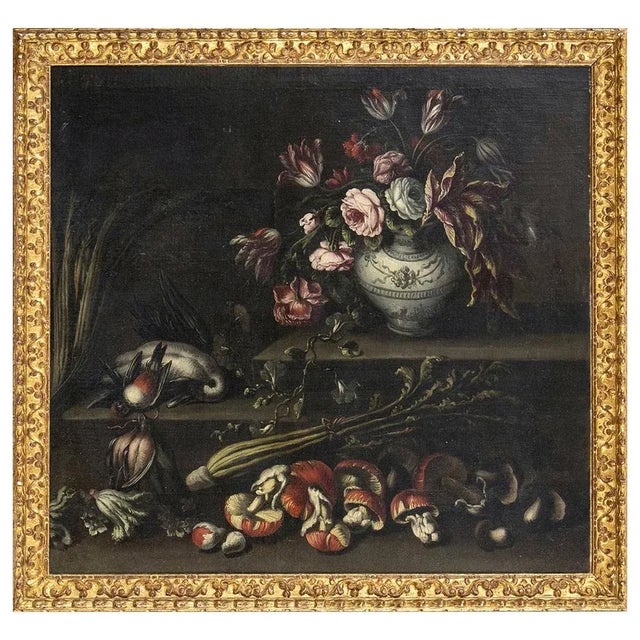 Oil-on-canvas painting within a gilt wood frame, depicting a still life with vase of flowers, game, mushrooms and...