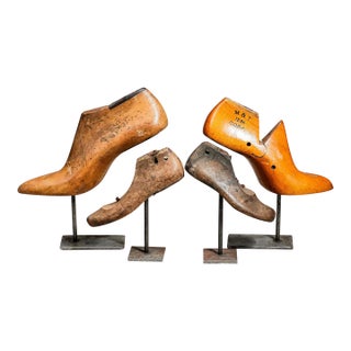 Set of (4) Antique Wood Shoe Molds Cobbler Repurposed Upcycle Decorative Sculptures Industrial Modern Home Decor Display Prop For Sale