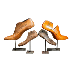 Set of (4) Antique Wood Shoe Molds Cobbler Repurposed Upcycle Decorative Sculptures Industrial Modern Home Decor Display Prop