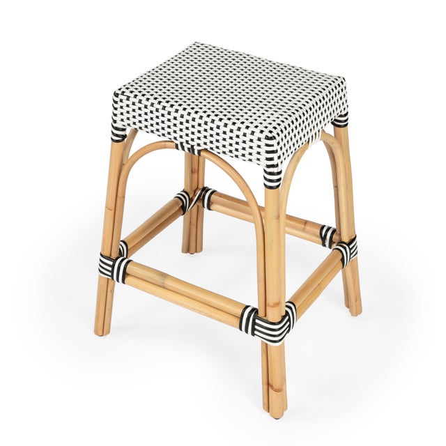 Stone Gray Robias 24.5 in. Seat Height Rectangular Rattan Backless Counter Stool with Footrest, White/Black Dot/ Natural Rattan Frame For Sale - Image 8 of 8