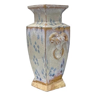 Ceramic Pale White Blue Flecks Ram Heads Motif Square Art Vase For Sale