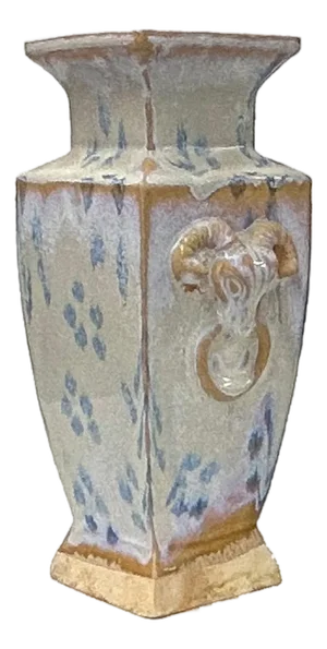 Ceramic Pale White Blue Flecks Ram Heads Motif Square Art Vase