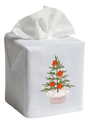 Oranges for Christmas Tissue Box Cover in White Linen & Cotton, Embroidered
