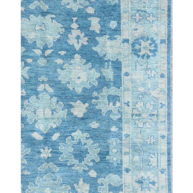 Modern Hand-Knotted Modern Oushak Rug in Wool With Sub-Geometric Floral Design in Blue Tones For Sale - Image 3 of 7