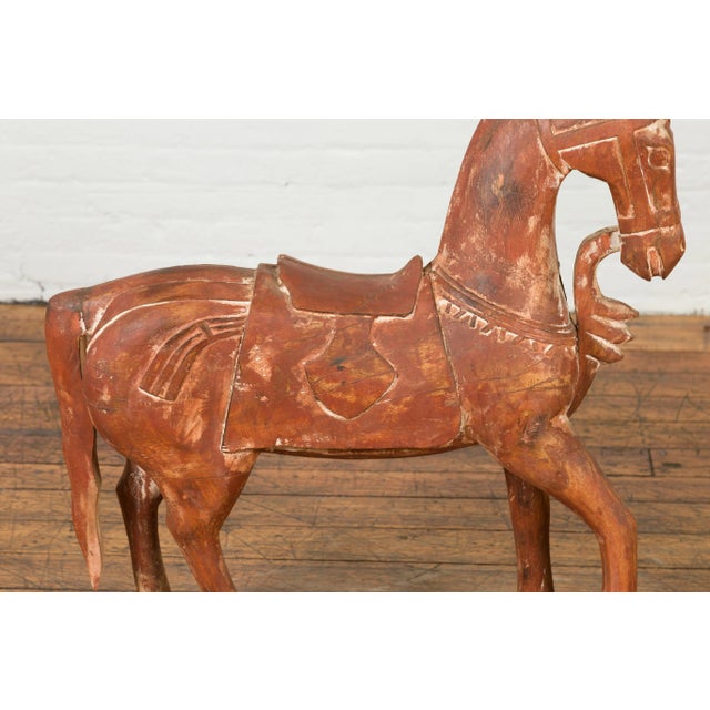 Wood Mid 20th Century Indian Carved and Painted Wooden Mogul Horse on Rectangular Base For Sale - Image 7 of 13