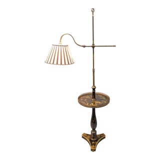 Vintage Mid Century Chinoiserie Black & Gold Lacquer Brass Adjustable Floor Lamp For Sale
