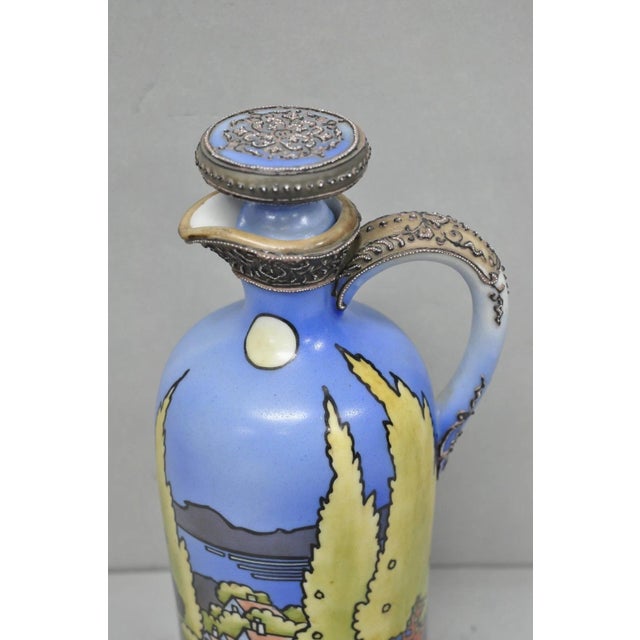 Antique Nippon Hand Painted Blue Halloween Pattern Porcelain Wine Jug W/ Cork For Sale - Image 4 of 18
