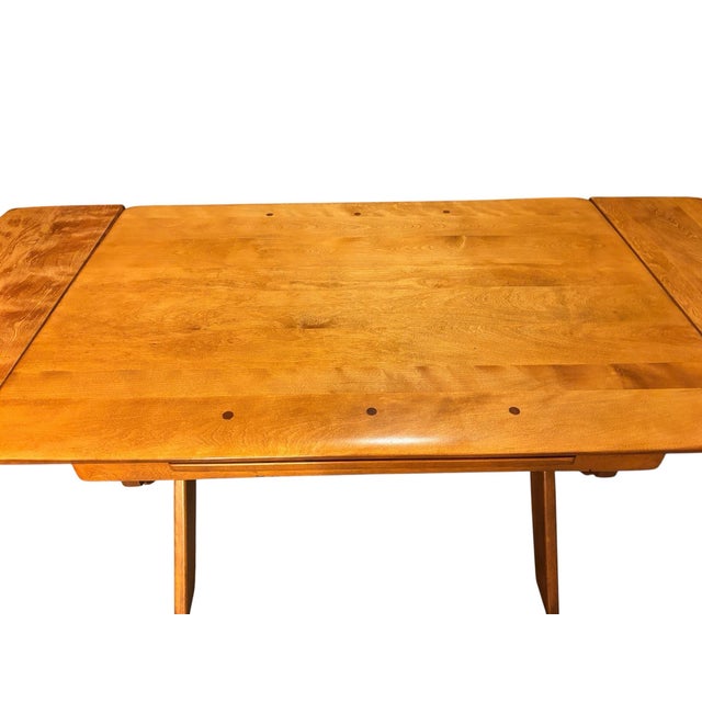 American Mid 20th Century High Quality Cushman of Vermont Trestle Base/ Hard Rock Maple/Draw Leaf Table. For Sale - Image 3 of 11