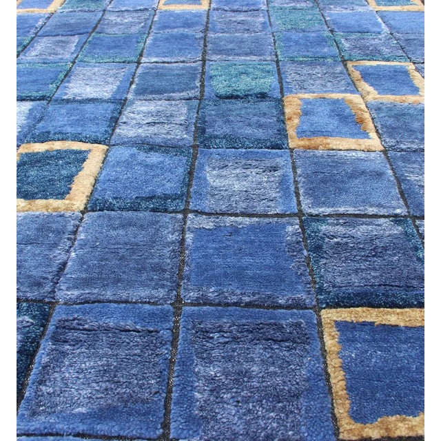 2020s Piled Modern Scandinavian/Swedish Geometric Design Rug in Blues and Gold Color For Sale - Image 5 of 11