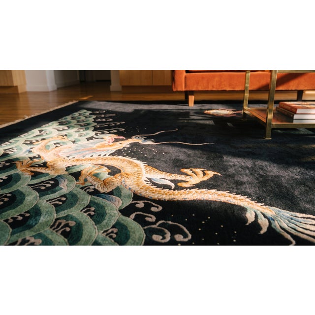 Exciting Black Field Antique Cloud Band & Celestial Dragon Chinese Art Deco Rug For Sale - Image 9 of 10