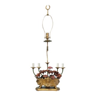 MId-Century Tole Floral Jardiniere 5 Light Candelabra Table Lamp For Sale