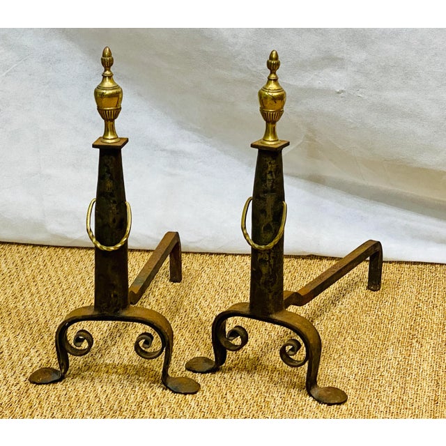 Gray Antique-Style Hand-Forged Iron and Brass Andirons With Urn Finials – Pair For Sale - Image 8 of 8
