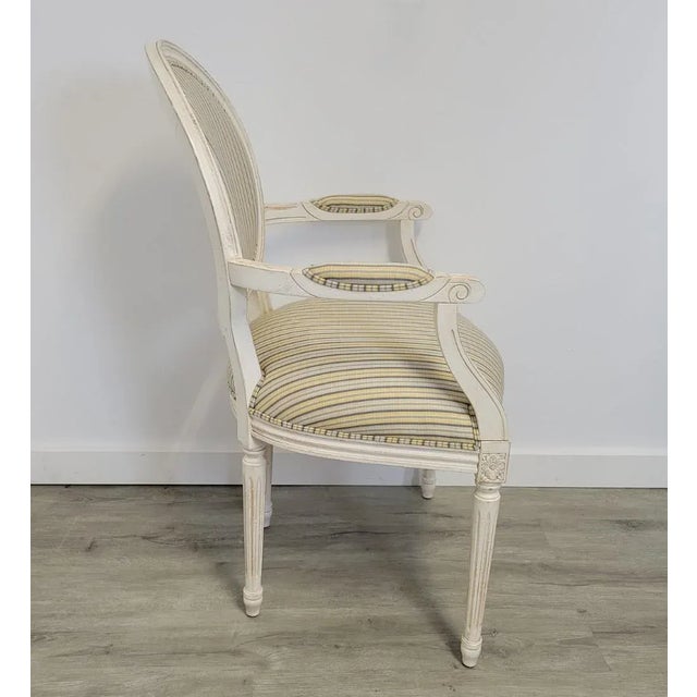 Wood Ethan Allen Louis XVI French Striped Style Oval Back Armchairs in Distressed White Finish For Sale - Image 7 of 13