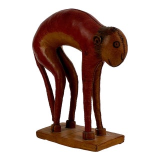 Small Vintage Folk Art Painted Leather Monkey on Stand For Sale