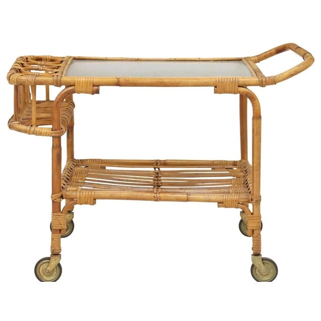 Italian 1950s Italian Mid-Century Glass-Top Bamboo & Rattan Bar Cart in the Style of Franco Albini For Sale - Image 3 of 5