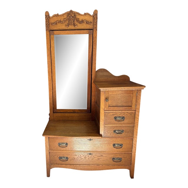 1900s Antique Oak Bi-Level Gentleman’s Dresser With Swivel Mirror For Sale
