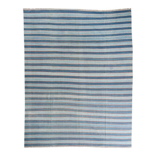 1950s Vintage Dhurrie Flat Weave in Blue Stripes by Rug & Kilim For Sale