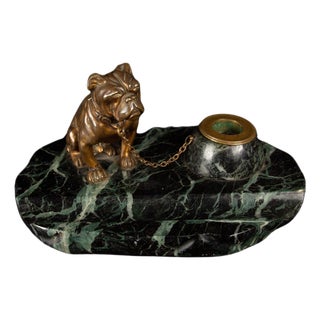 19th-Century French Bronze Bulldog Inkwell by M. Bertin on Marble Base For Sale