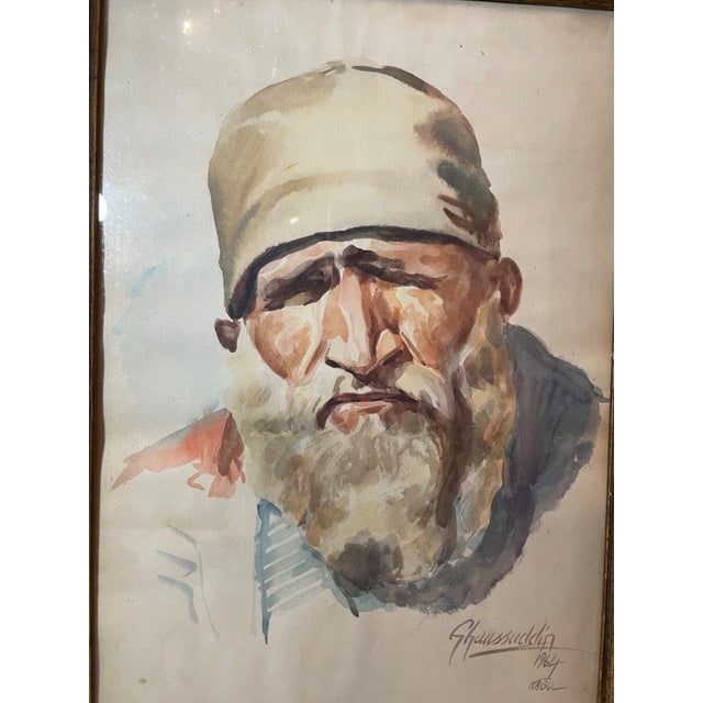 1960s Rare Ustad Ghaussuddin Afganistan Blind Man Watercolor Portrait Painting For Sale - Image 4 of 12
