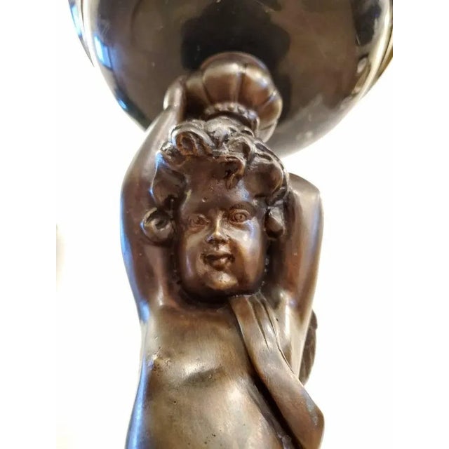 Antique Italian Neoclassical Bronze Winged Putti Sculpture With Marble Bowl For Sale In Dallas - Image 6 of 11