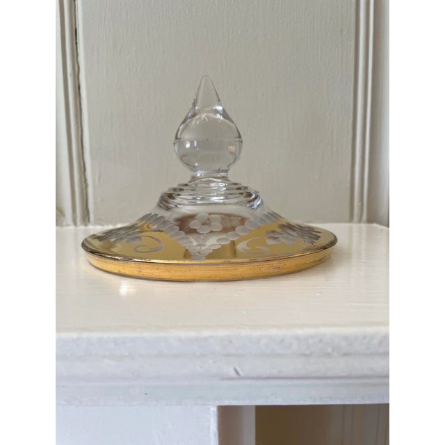 Metal Vintage "Paden City Glass" Large Etched Roses Gold Glass Compote With Lid For Sale - Image 7 of 13