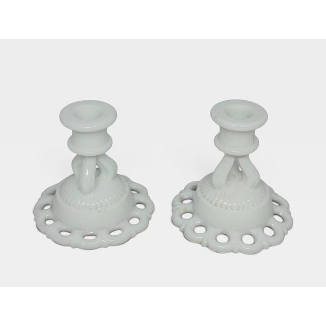 Mid-Century Modern Mid-20th Century Westmoreland Milk Glass Doric Open Lace Candle Holders - A Pair For Sale - Image 3 of 12