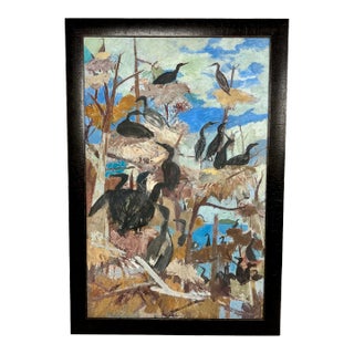 "Shorebirds in Trees" Original Painting on Paper, Morris Shulman, 1952 For Sale