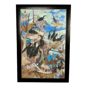 "Shorebirds in Trees" Original Painting on Paper, Morris Shulman, 1952