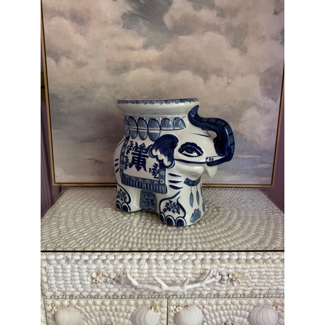 Chinoiserie Vintage Bombay Company Blue and White Elephant Garden Stool For Sale - Image 3 of 6