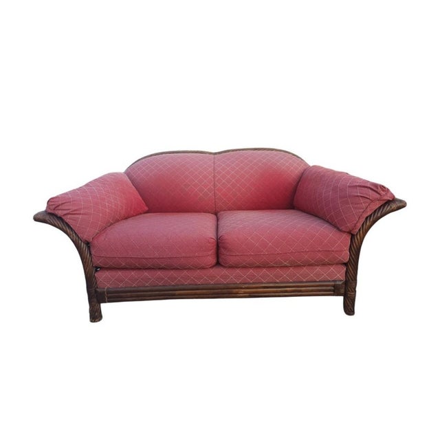 Lane Furniture Mid 20th Century Mid-Century Lane Venture Rattan Wicker and Upholstered Loveseat For Sale - Image 4 of 12